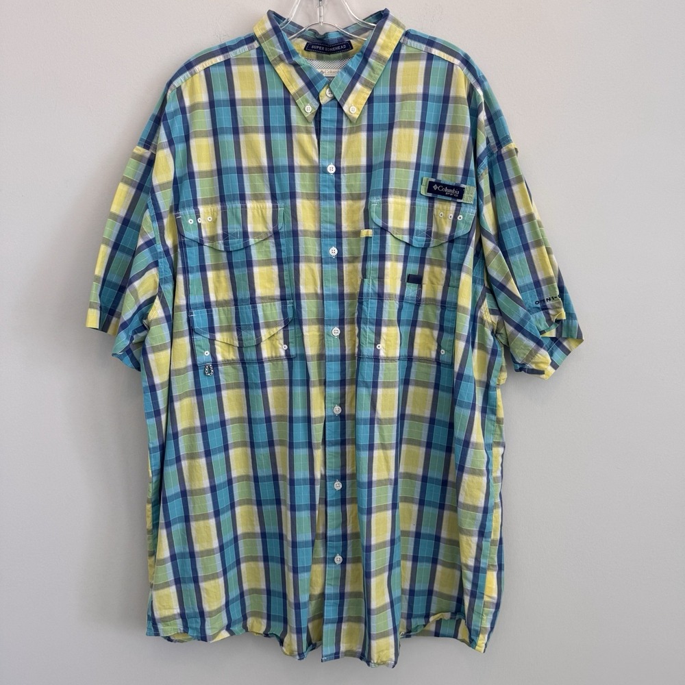 Columbia PFG Super Bonehead Shirt XXL Teal Lime Green Plaid Fishing S/S